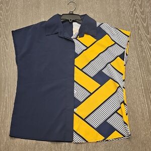 Chic Navy and Yellow Patterned Women's Blouse
